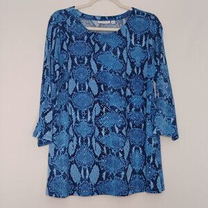 Women's Susan Graver Blue Snake Skin Sequin w/ Peek‎ A Boo Sleeve Slit's Large